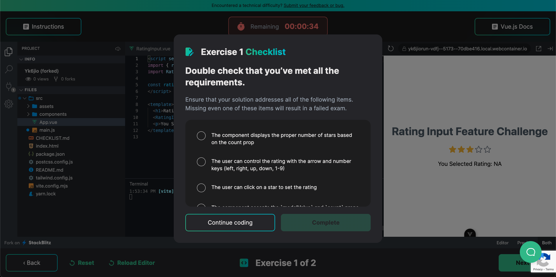 Screenshot of the checklist at the end of each coding challenge