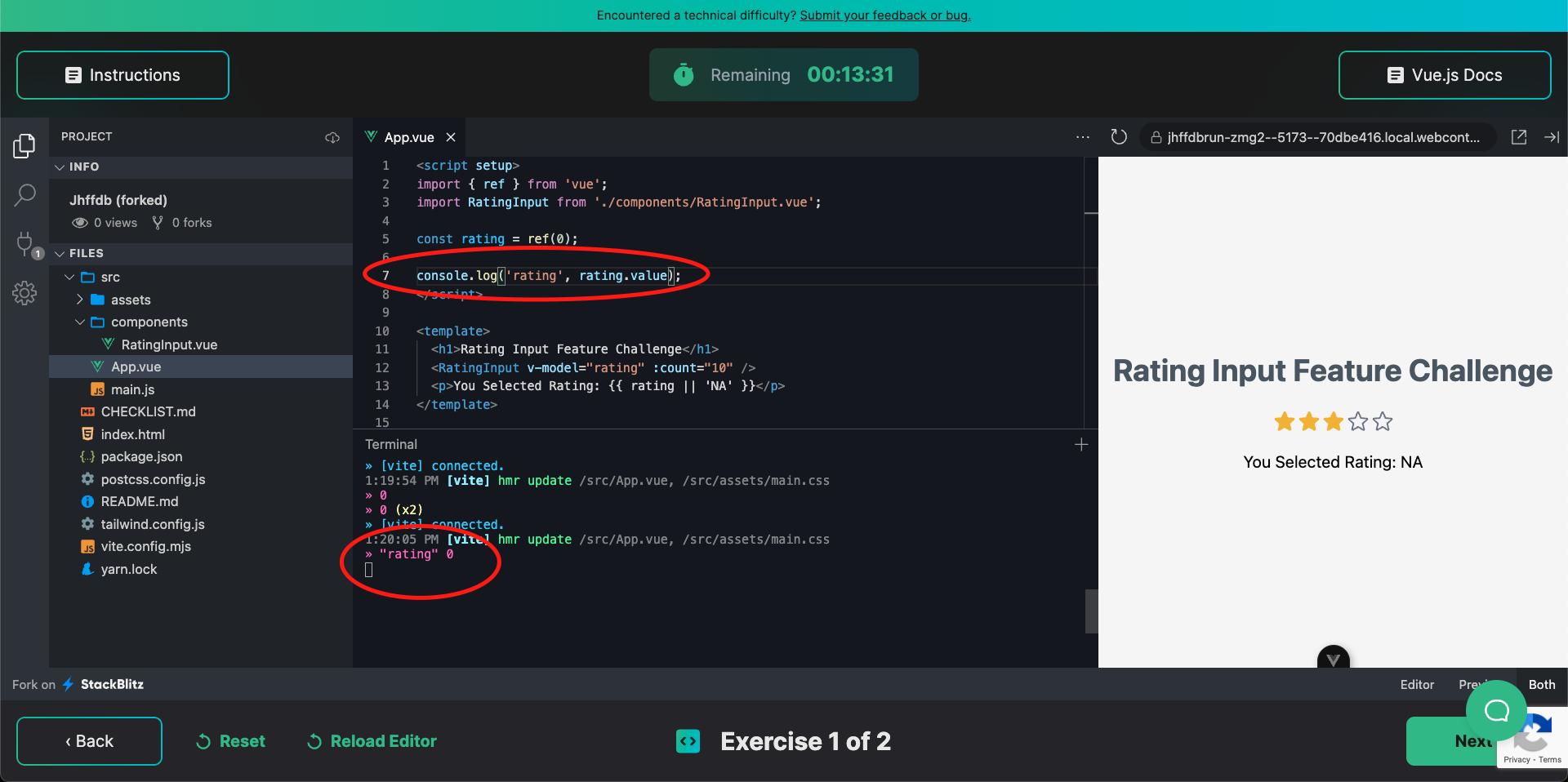 Screenshot of using the terminal underneath the open file to log messages and check for console errors