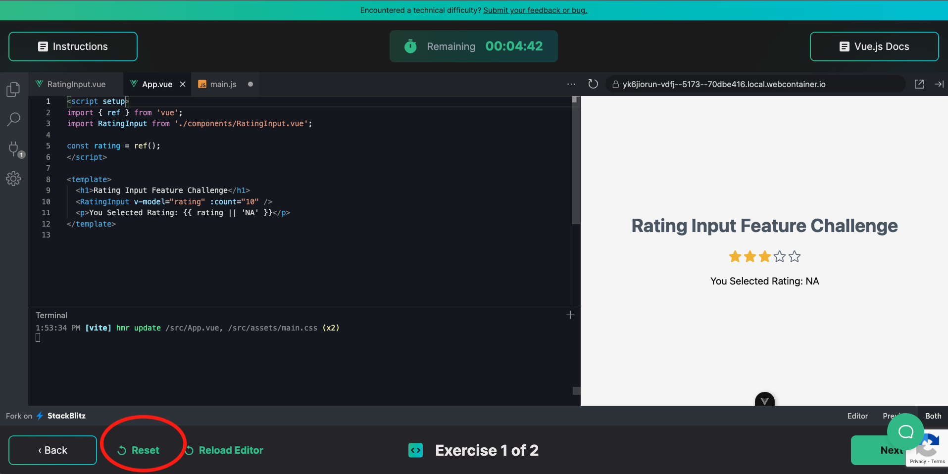 Screenshot of the reset button used for restarting a coding challenge