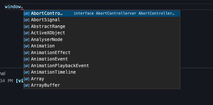 Screenshot of autocomplete working for the window object in a .js file