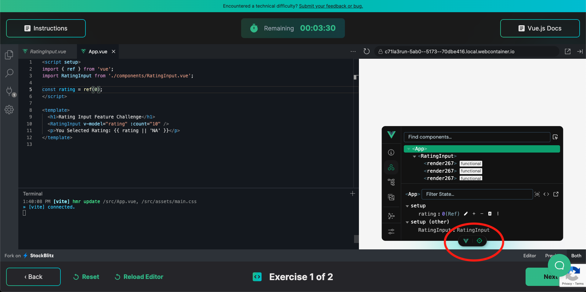 Screenshot of using the Vue Devtools to debug your Vue app components and state