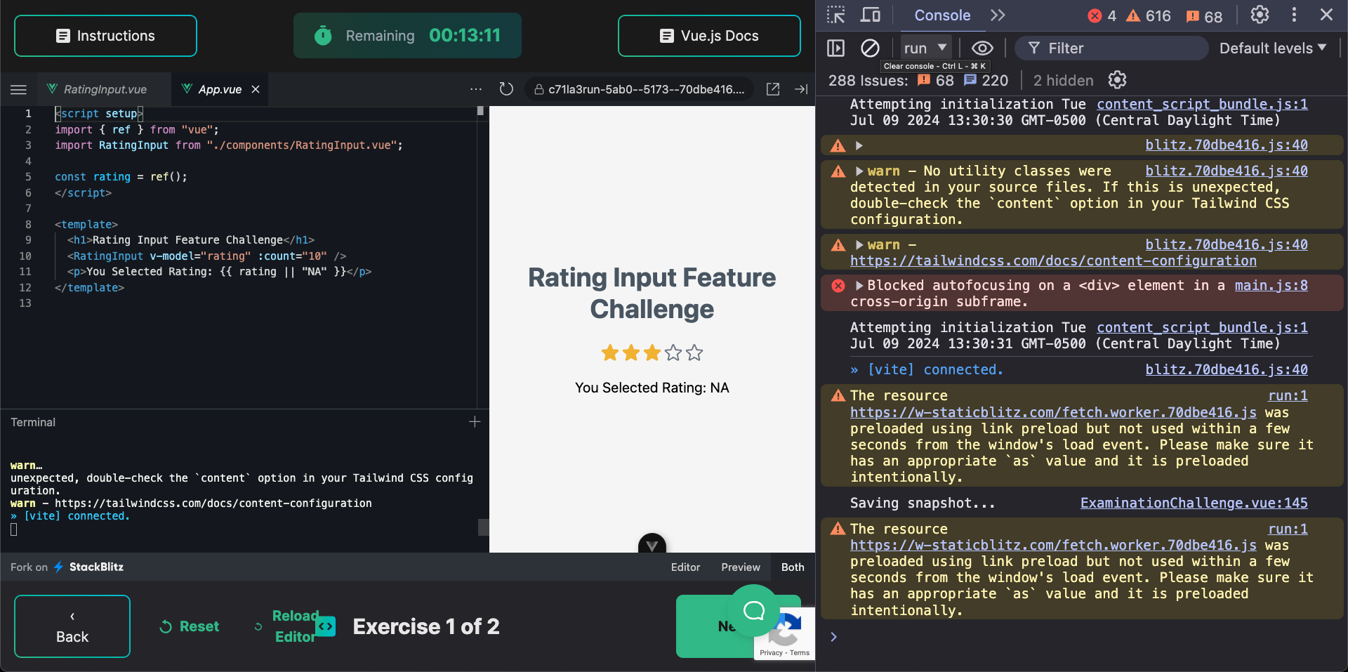 Screenshot of using the browser devtools to debug a coding challenge on the Vue.js Certification exam platform