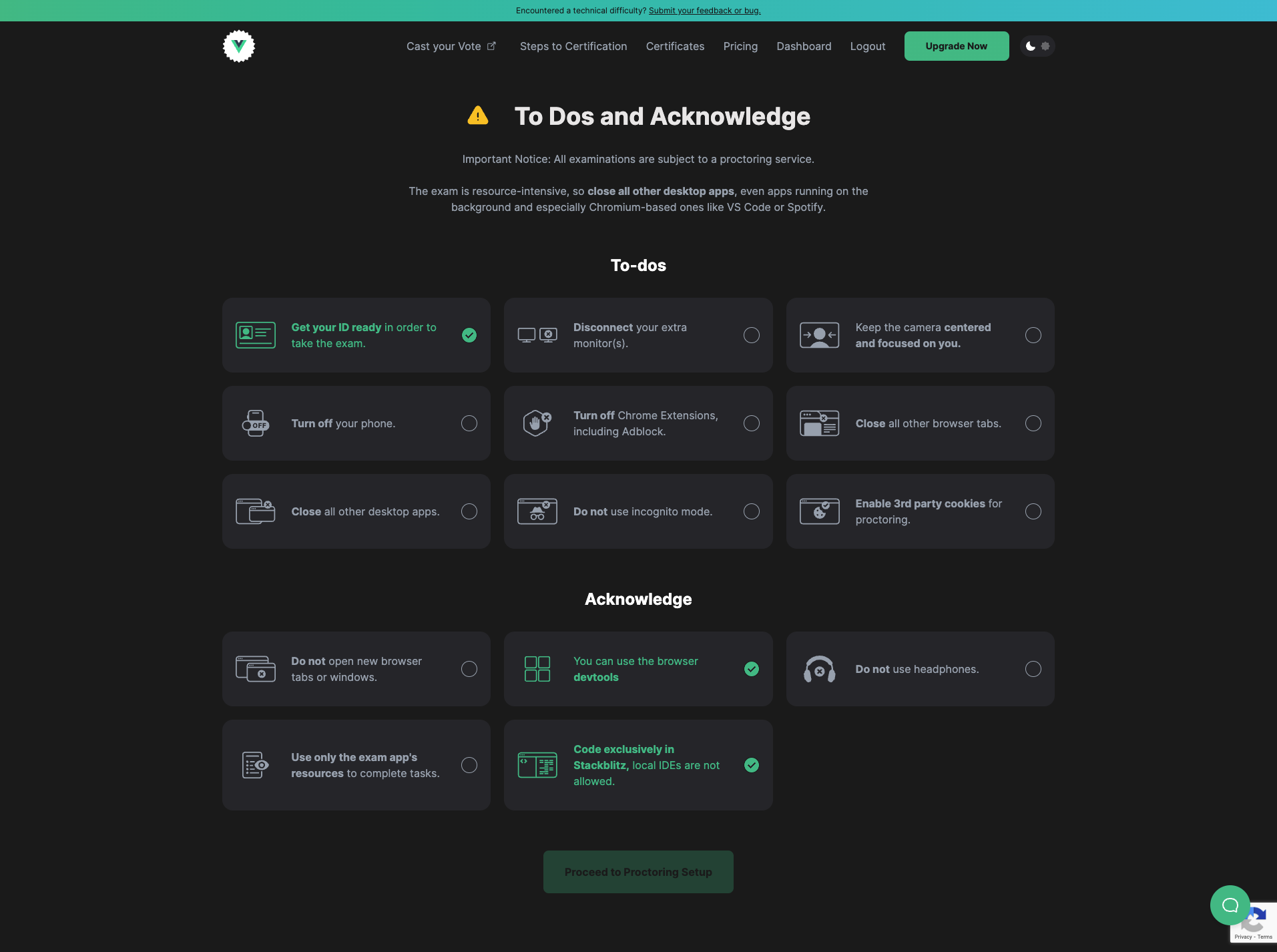 Todos and acknowledge page screenshot